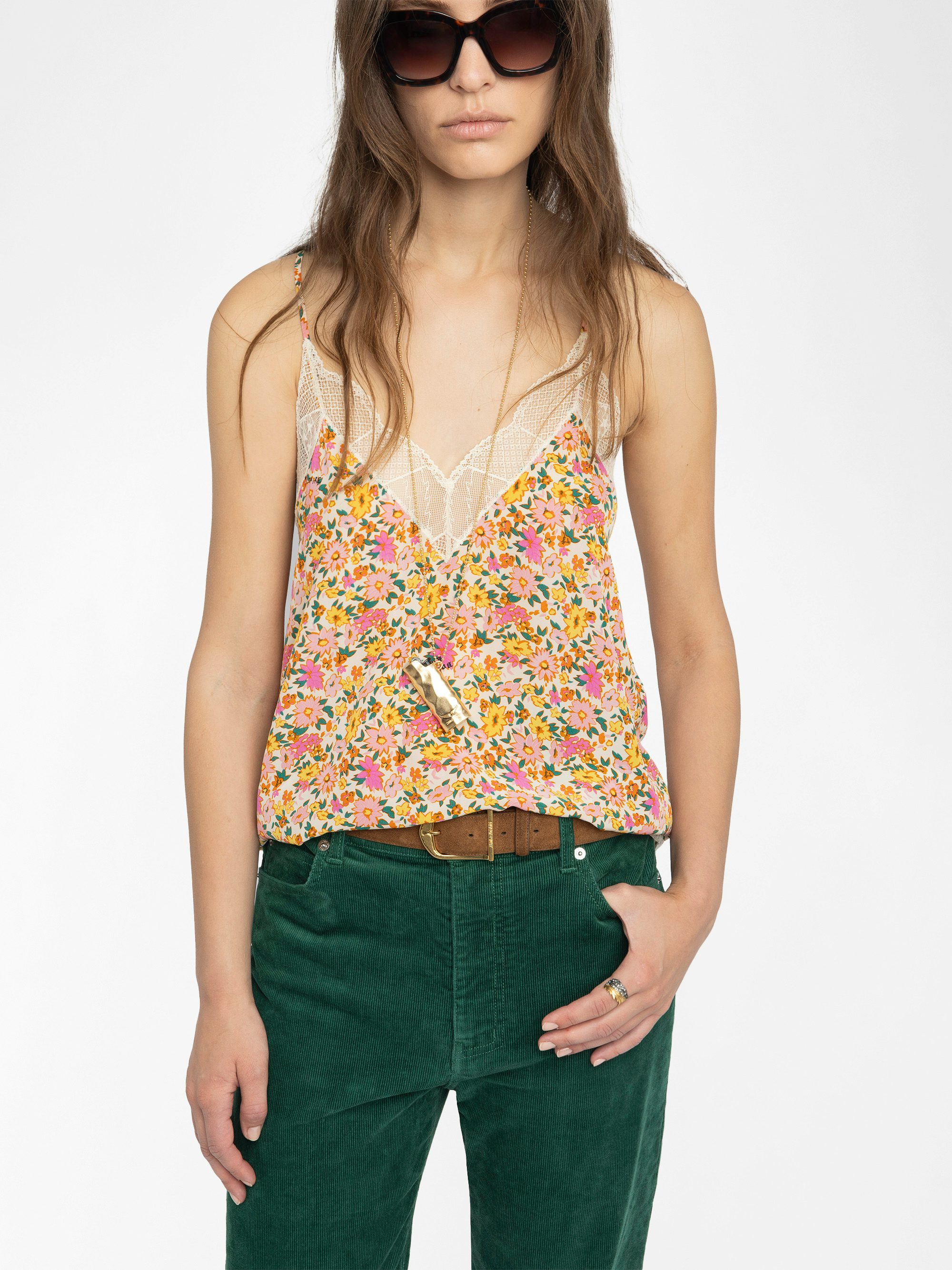 Christy Floral Camisole - Camisole in summer land printed viscose crepe, adjustable straps, French lace and embroidered wings at the back.